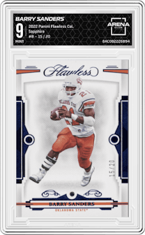 Barry Sanders from the 2022 Panini Flawless Collegiate set featuring a Sapphire parallel graded by Arena Club and given an overall grade of 9.