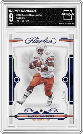 Barry Sanders from the 2022 Panini Flawless Collegiate set featuring a Sapphire parallel graded by Arena Club and given an overall grade of 9.