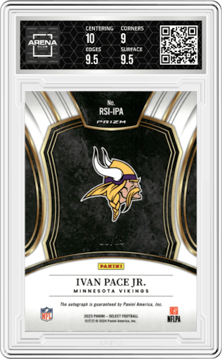 Ivan Pace Jr. from the 2023 Panini Select set featuring a Tie-Dye parallel graded by Arena Club and given an overall grade of 9.5.