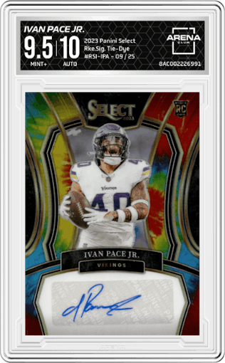 Ivan Pace Jr. from the 2023 Panini Select set featuring a Tie-Dye parallel graded by Arena Club and given an overall grade of 9.5.