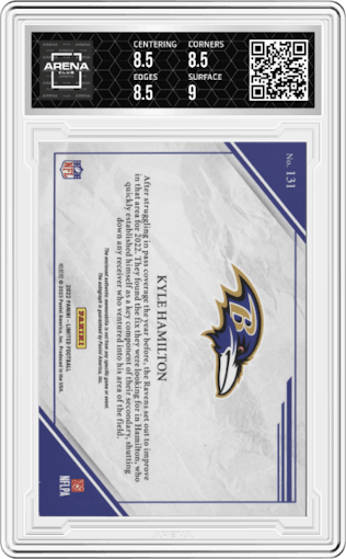 Kyle Hamilton from the 2022 Panini Limited set featuring a Holographic Spotlight parallel graded by Arena Club and given an overall grade of 8.5.
