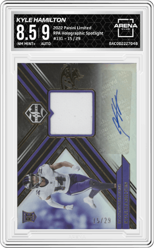 Kyle Hamilton from the 2022 Panini Limited set featuring a Holographic Spotlight parallel graded by Arena Club and given an overall grade of 8.5.