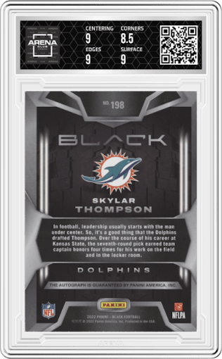 Skylar Thompson from the 2022 Panini Black set graded by Arena Club and given an overall grade of 9.