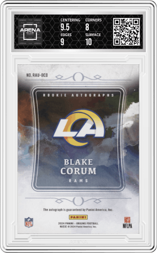 Blake Corum from the 2024 Panini Origins set featuring a Purple parallel graded by Arena Club and given an overall grade of 8.5.