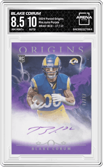 Blake Corum from the 2024 Panini Origins set featuring a Purple parallel graded by Arena Club and given an overall grade of 8.5.