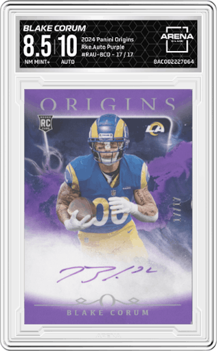 Blake Corum from the 2024 Panini Origins set featuring a Purple parallel graded by Arena Club and given an overall grade of 8.5.