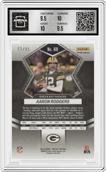 Aaron Rodgers from the 2022 Panini Mosaic set featuring a Tessellation parallel graded by Arena Club and given an overall grade of 10.