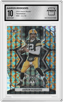 Aaron Rodgers from the 2022 Panini Mosaic set featuring a Tessellation parallel graded by Arena Club and given an overall grade of 10.