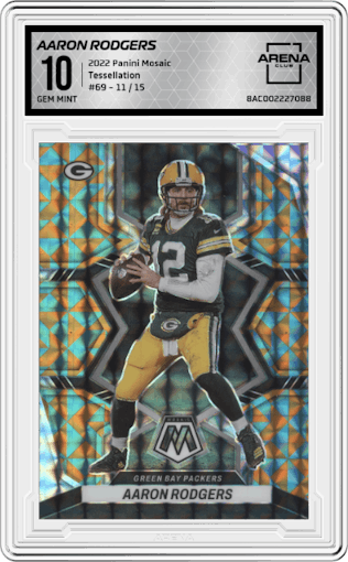 Aaron Rodgers from the 2022 Panini Mosaic set featuring a Tessellation parallel graded by Arena Club and given an overall grade of 10.