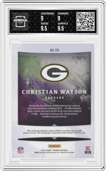 Christian Watson from the 2022 Panini Origins set graded by Arena Club and given an overall grade of 9.5.