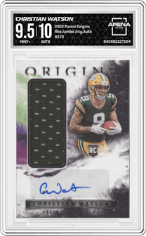 Christian Watson from the 2022 Panini Origins set graded by Arena Club and given an overall grade of 9.5.