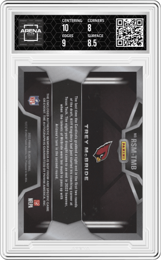 Trey McBride from the 2022 Panini Black set featuring a Copper parallel graded by Arena Club and given an overall grade of 8.5.