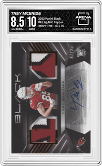 Trey McBride from the 2022 Panini Black set featuring a Copper parallel graded by Arena Club and given an overall grade of 8.5.