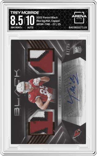 Trey McBride from the 2022 Panini Black set featuring a Copper parallel graded by Arena Club and given an overall grade of 8.5.