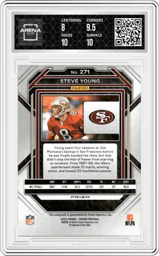 Steve Young from the 2022 Panini Prizm set featuring a Silver Prizm parallel graded by Arena Club and given an overall grade of 8.5.