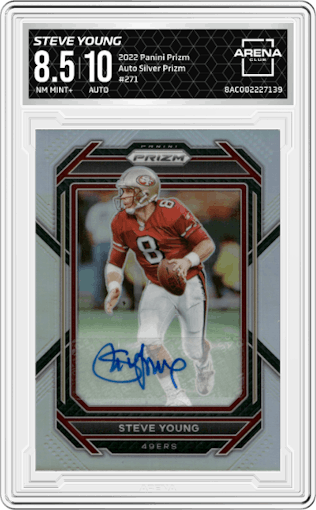 Steve Young from the 2022 Panini Prizm set featuring a Silver Prizm parallel graded by Arena Club and given an overall grade of 8.5.