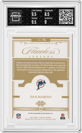 Dan Marino from the 2021 Panini Flawless set graded by Arena Club and given an overall grade of 9.