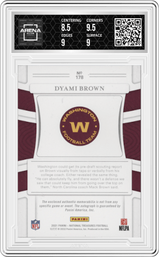 Dyami Brown from the 2021 Panini National Treasures set graded by Arena Club and given an overall grade of 9.