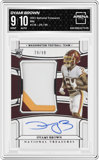 Dyami Brown from the 2021 Panini National Treasures set graded by Arena Club and given an overall grade of 9.