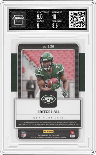 Breece Hall from the 2022 Panini One set graded by Arena Club and given an overall grade of 9.