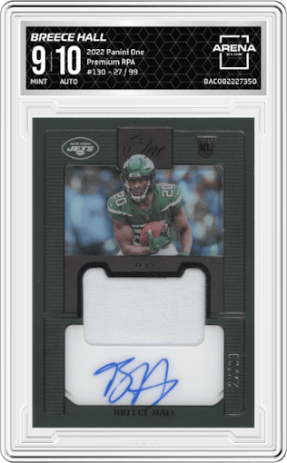 Breece Hall from the 2022 Panini One set graded by Arena Club and given an overall grade of 9.