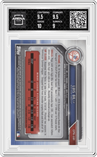 Luis Gil from the 2019 Bowman Chrome set graded by Arena Club and given an overall grade of 9.5.