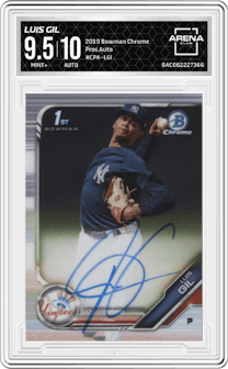 Luis Gil from the 2019 Bowman Chrome set graded by Arena Club and given an overall grade of 9.5.