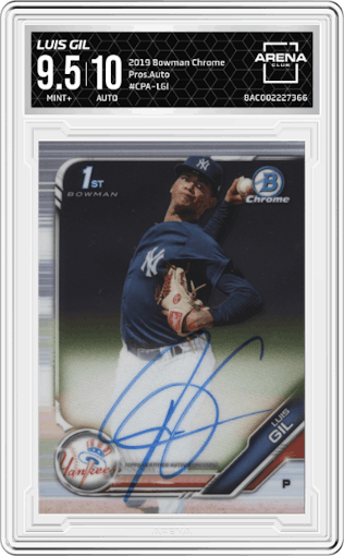 Luis Gil from the 2019 Bowman Chrome set graded by Arena Club and given an overall grade of 9.5.