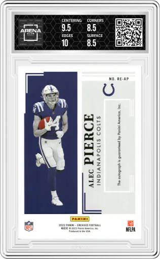 Alec Pierce from the 2022 Panini Encased set featuring a Sapphire parallel graded by Arena Club and given an overall grade of 9.