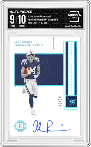 Alec Pierce from the 2022 Panini Encased set featuring a Sapphire parallel graded by Arena Club and given an overall grade of 9.