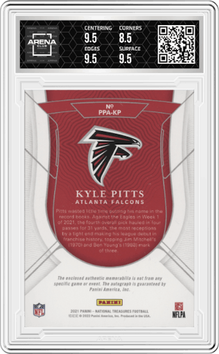 Kyle Pitts from the 2021 Panini National Treasures set featuring a Silver Holo parallel graded by Arena Club and given an overall grade of 9.
