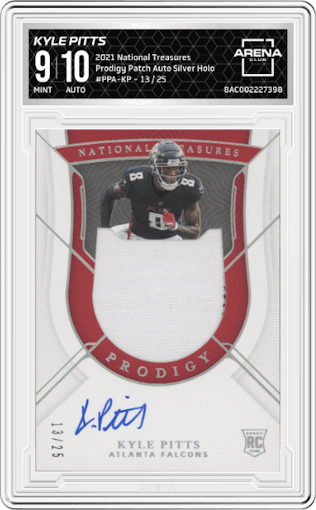 Kyle Pitts from the 2021 Panini National Treasures set featuring a Silver Holo parallel graded by Arena Club and given an overall grade of 9.