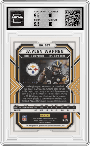 Jaylen Warren from the 2022 Panini Obsidian set graded by Arena Club and given an overall grade of 10.