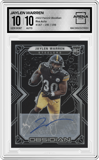 Jaylen Warren from the 2022 Panini Obsidian set graded by Arena Club and given an overall grade of 10.