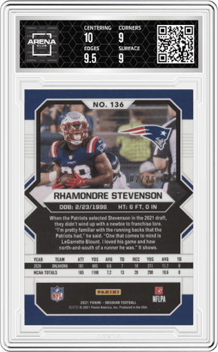 Rhamondre Stevenson from the 2021 Panini Obsidian set featuring a Electric Etch Red Flood parallel graded by Arena Club and given an overall grade of 9.5.