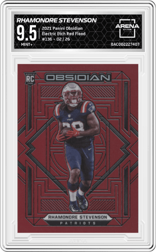 Rhamondre Stevenson from the 2021 Panini Obsidian set featuring a Electric Etch Red Flood parallel graded by Arena Club and given an overall grade of 9.5.