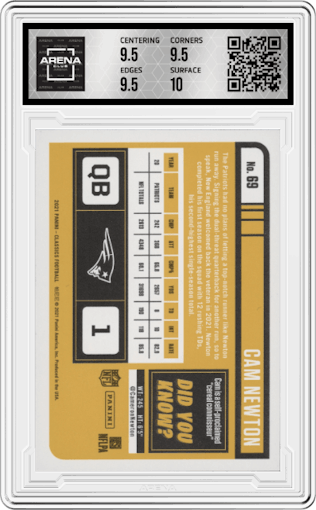 Cam Newton from the 2021 Panini Classics set featuring a Premium Edition Timeless Tributes Blue parallel graded by Arena Club and given an overall grade of 10.