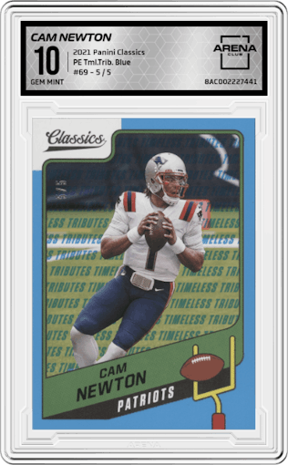 Cam Newton from the 2021 Panini Classics set featuring a Premium Edition Timeless Tributes Blue parallel graded by Arena Club and given an overall grade of 10.