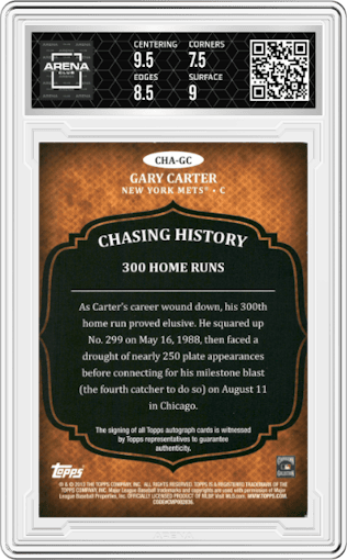 Gary Carter from the 2013 Topps set featuring a Variation SP parallel graded by Arena Club and given an overall grade of 8.