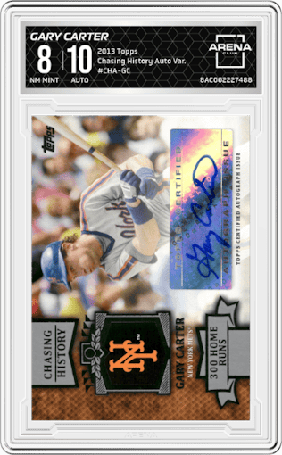 Gary Carter from the 2013 Topps set featuring a Variation SP parallel graded by Arena Club and given an overall grade of 8.