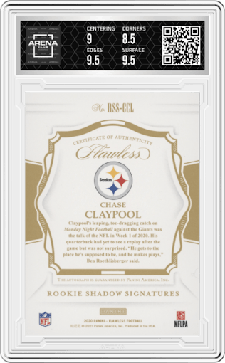 Chase Claypool from the 2020 Panini Flawless set featuring a Ruby parallel graded by Arena Club and given an overall grade of 9.