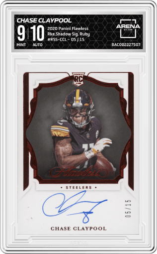 Chase Claypool from the 2020 Panini Flawless set featuring a Ruby parallel graded by Arena Club and given an overall grade of 9.