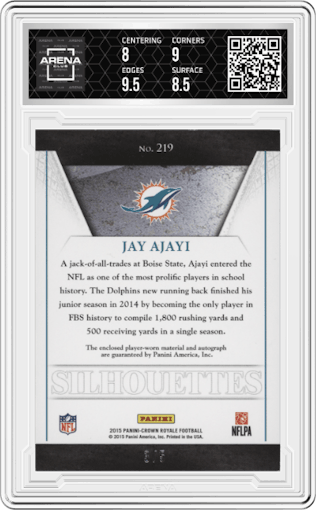 Jay Ajayi from the 2015 Panini Crown Royale Football set featuring a Green parallel graded by Arena Club and given an overall grade of 8.5.