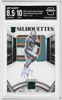 Jay Ajayi from the 2015 Panini Crown Royale Football set featuring a Green parallel graded by Arena Club and given an overall grade of 8.5.