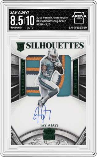 Jay Ajayi from the 2015 Panini Crown Royale Football set featuring a Green parallel graded by Arena Club and given an overall grade of 8.5.