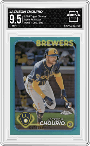 Jackson Chourio from the 2024 Topps Chrome set featuring a Aqua Refractor parallel graded by Arena Club and given an overall grade of 9.5.
