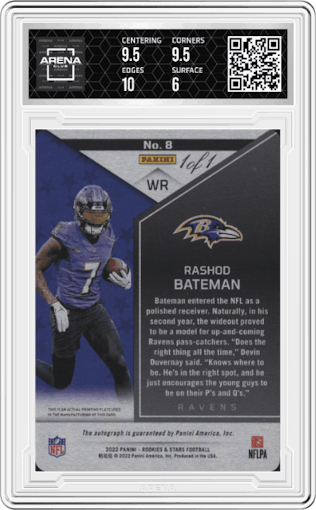 Rashod Bateman from the 2022 Panini Rookies & Stars set featuring a Printing Plate Yellow parallel graded by Arena Club and given an overall grade of 6.5.
