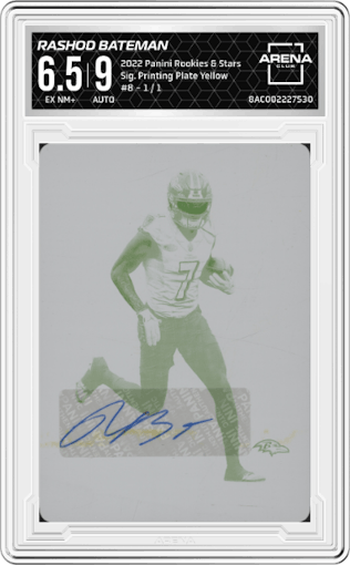 Rashod Bateman from the 2022 Panini Rookies & Stars set featuring a Printing Plate Yellow parallel graded by Arena Club and given an overall grade of 6.5.