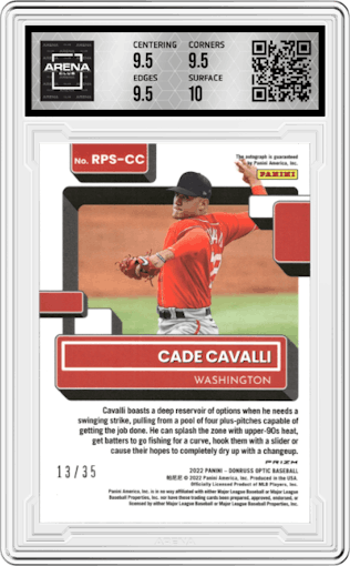 Cade Cavalli from the 2022 Donruss Optic set featuring a Navy Blue Cracked Ice parallel graded by Arena Club and given an overall grade of 10.