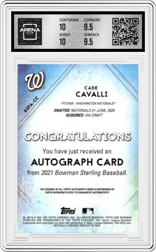 Cade Cavalli from the 2021 Bowman Sterling  set graded by Arena Club and given an overall grade of 10.